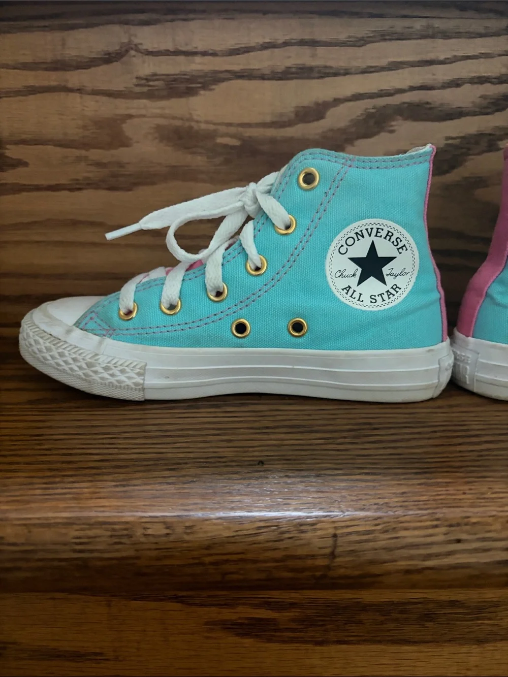 Converse Custom Kids High-Top Canvas Sneakers Turquoise w/Pink Accent - Sz 11.5